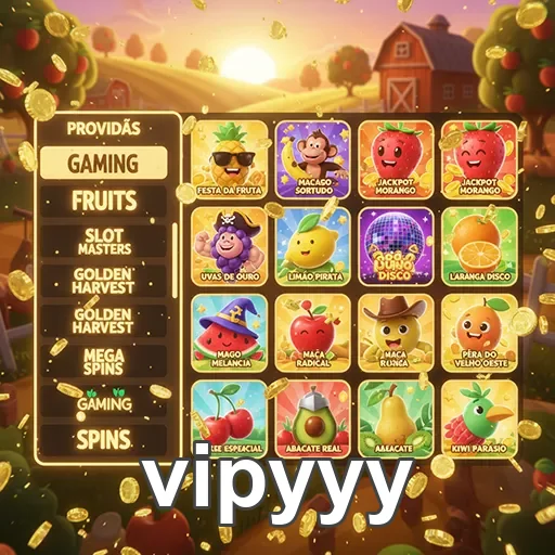 Interface do cassino vipyyy com slots de frutas e prêmios.