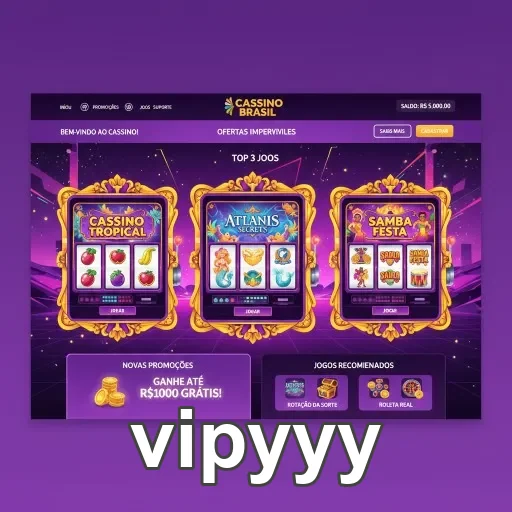Tela da vipyyy mostrando slots populares, Cassino Tropical e Atlantis Secrets.