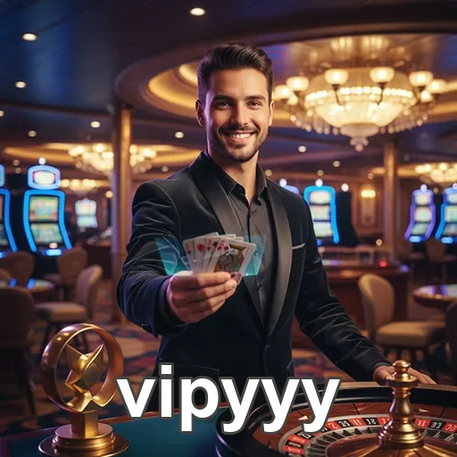 Homem sorridente apresenta cartas no ambiente do casino vipyyy.