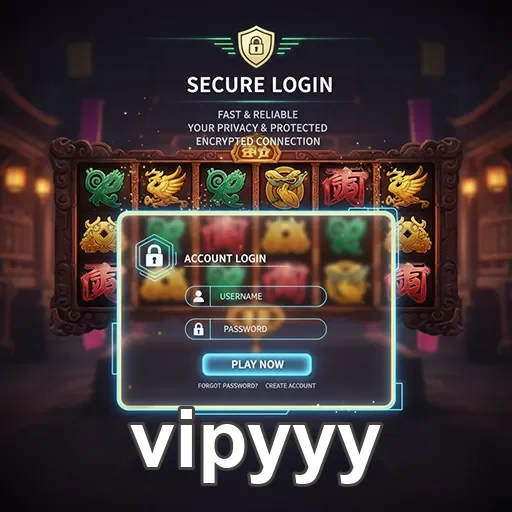 Tela de login segura da vipyyy com slots coloridos ao fundo.